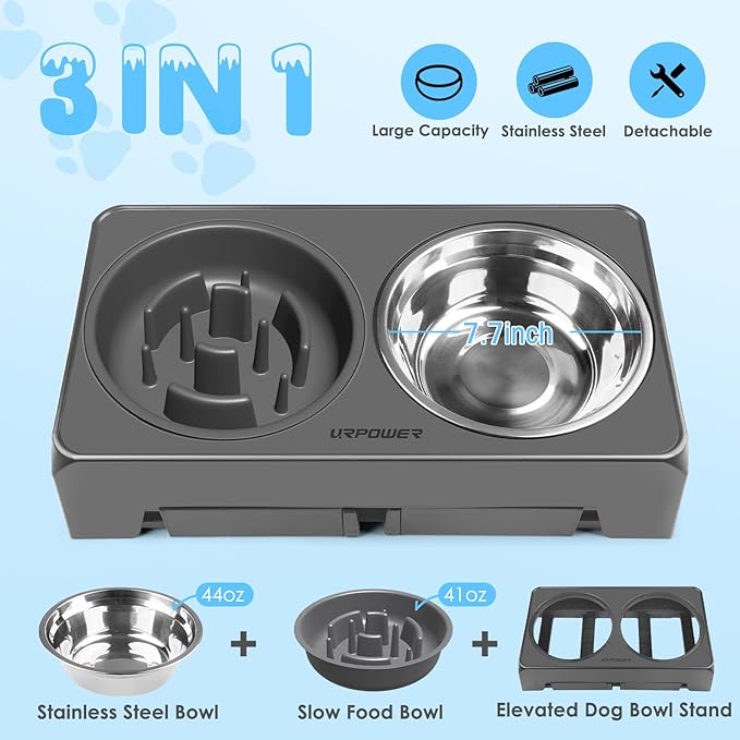 URPOWER Raised Slow Feeder Dog Bowls 4 Height Adjustable Elevated Bowl Stand with Stainless Steel Water Bowl and Slow Feeder Non-Slip Dog Food Bowls Stand for Small Medium Large Dogs and Pets