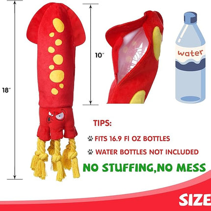 Water Bottle Dog Toys - Dog Puzzle Squeaky Enrichment Treat Dispensing Rope Snuffle Plush Toy, No Stuffing Durable Soft Crunchy Toys for Small Medium Large Dogs Puppy - Octopus Squid