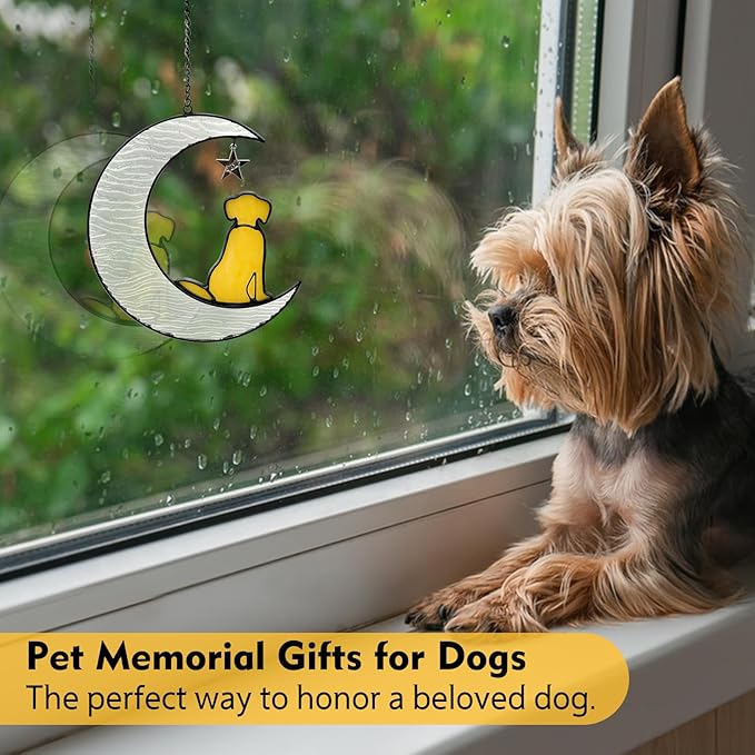 Fhiny Dog Memorial Suncatcher Stained Glass Dog Memorial Gifts Window Hanging Christmas Ornament Pet Sympathy Gifts for Dog Lovers Puppy Remembrance Gift Christmas Tree Decor (Yellow)