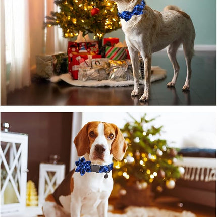 Blue Plaid Christmas Dog Collar with Detachable Bow Tie, Large, Cotton, Buckle Closure