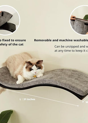 Cat Shelf with Comfortable Cushion - Wave Modern Cat Bed - Minimalistic Floating Wall Perch - Wooden Wall Mounted Cats Furniture for Sleeping, Playing, Climbing, and Lounging, Walnut