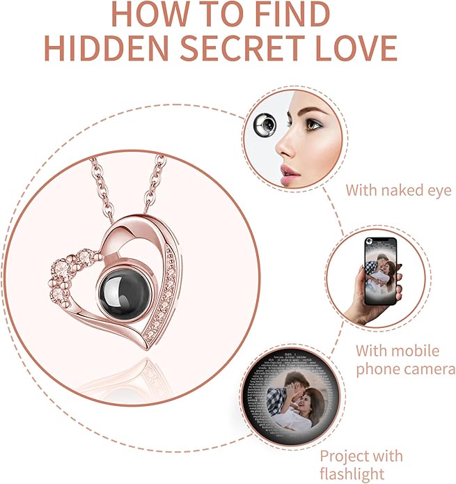 Easycosy Personalized Picture Necklace Projection Necklace with Photo Inside - Custom Photo Heart Pendant Necklace - Photo Gifts Valentines Birthday Love Memorial Gifts for Girlfriend Wife Women