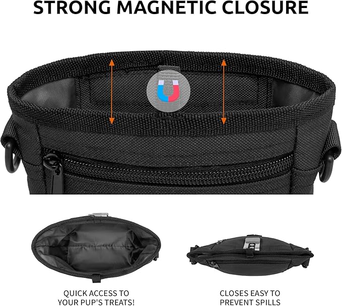 Dog Treat Pouch with Magnetic Closure Treat Bag for Dog Training Dog Food Bag Dog Walking Bag Dog Fanny Pack with Dog Poop Bag Dispenser Pet Treat Pouch with Shoulder Strap (Black)