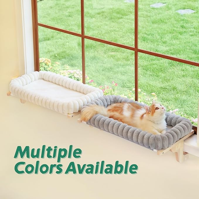 Zakkart SnugCloud Cat Perch for Window Sill with 4-Sided Bolster - Orthopedic Cat Window Hammock - Solid Hardwood & Metal Frame - Window Seat for Pets (Natural Color Wood w/Gray Bed, Medium)