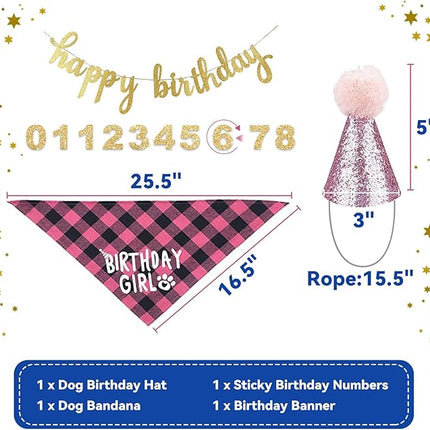 LESYPET Dog Birthday Party Supplies, Dog Birthday Hat with Bandana, and Banner, Cat Decorations Set for Party, Pink