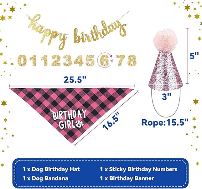 LESYPET Dog Birthday Party Supplies, Dog Birthday Hat with Bandana, and Banner, Cat Decorations Set for Party, Pink