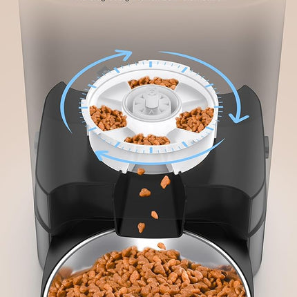 HoneyGuaridan 3.5L Automatic Cat Feeder for Two Cats, Food Dispenser with Stainless Steel Bowl,Timed Cat Feeder Programmable 1-6 Meals Control, Dual Power Supply,10s Meal Call Black