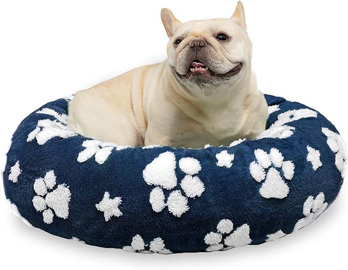 Donut Dog Beds for Small Dogs, Calming Round Cat Beds for Indoor Cats, Cute 3D Textured Paw Pet Bed with Removable Washable Cover and Anti-Slip Bottom（Navy Blue，23"）