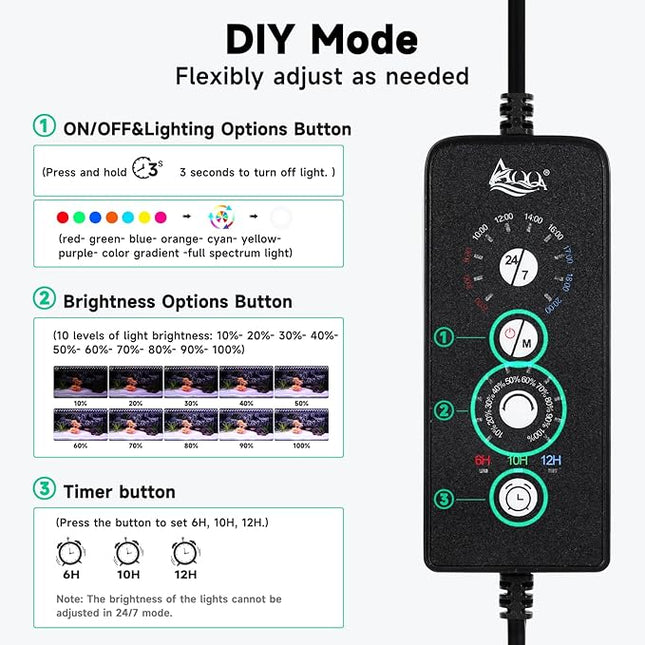 AQQA LED Aquarium Light, 24/7 Mode IP68 Waterproof Extendable Bracket Fish Tank Light, DIY Mode Full Spectrum Aquarium Plant Light, Adjustable Timer/Brightness Memory Function for 24-32 Inch Fish Tank