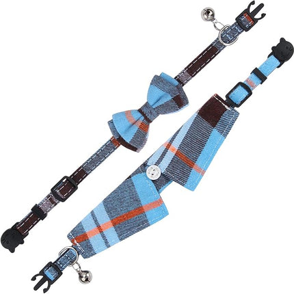 Faleela 2 Pack/Set Cat Collar with Cute Bow Tie and Bell,Breakaway Plaid Shirt Collar for Kitty Adjustable Safety