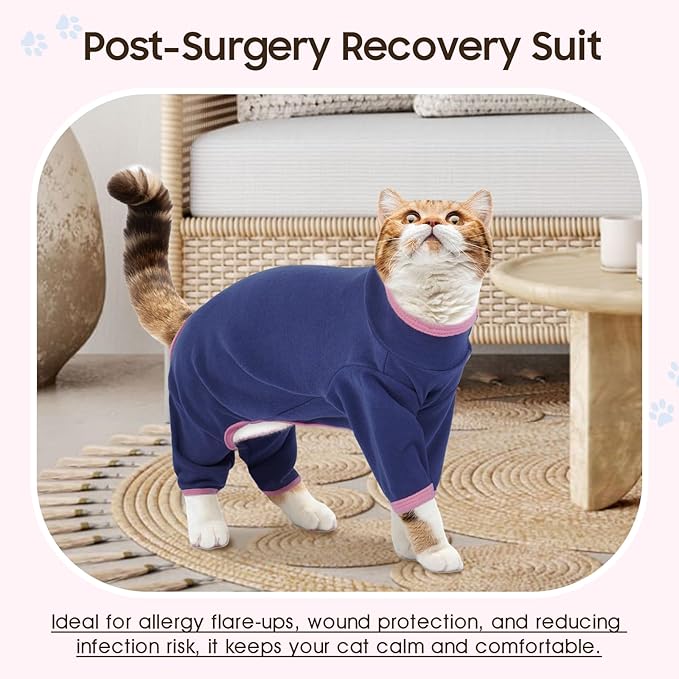 DENTRUN Cat Clothes for Hair Control with Hair Sticky Fabric - Soft Recovery Suit & Breathable Lint-Resistant Cat Sweater for Cats Only, Kitten Onesie Pajamas, L, Blue