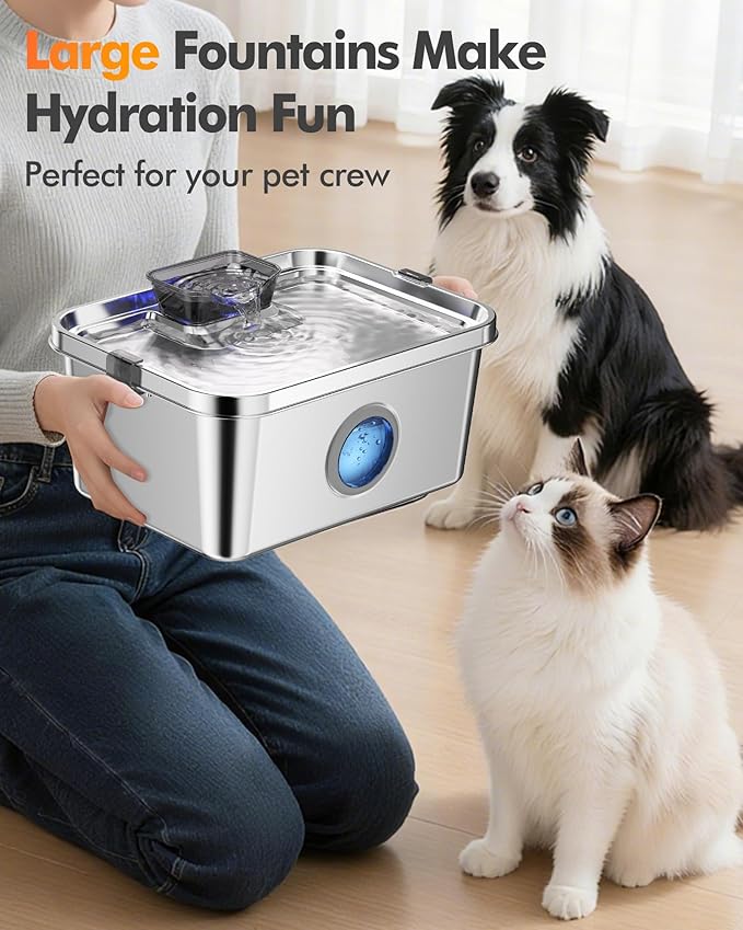 3.2Gal/12L Dog Water Fountain Stainless Steel, Dog Fountain Water Bowl with Dual-Latch, Pet Fountain for Dogs Cats and Multi-Pet, Automatic Dog Water Bowl Dispenser With Water Window, Ultra Quiet Pump