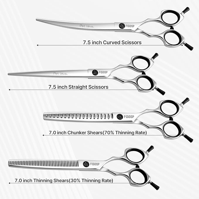 Dog Grooming Scissors Kit 7.5 in Professional Curved Thinning Straight Chunker Shears Grooming Big Dogs Poodle Pet Japan 440C Stainless Steel(7.5'',Kit)
