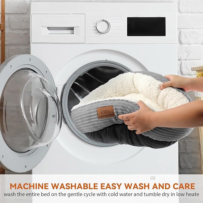 23in Round Cat Dog Bed for Large Medium Small Dogs Cats, Machine Washable Sleeping Sofa, Non-Slip Bottom Breathable Soft Calming Pet Cuddler for Indoor/Outdoor/Car/Cage, Light Grey