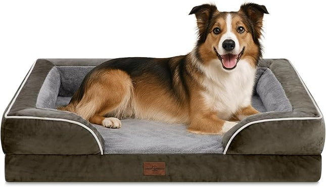 Comfort Expression Orthopedic Dog Bed for Large Dogs 38x25 Inch, Waterproof Supportive Egg Crate Foam Large Pet Bed with Removable Bolsters, Dog Couch with Washable Cover & Non-Slip Bottom, Dark Green