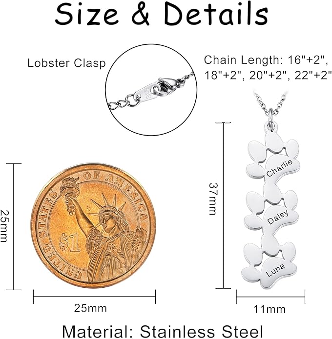 MeMeDIY Personalized Paw Print Necklace for Women Engraved Name Dog Paw Necklace Stainless Steel/925 Sterling Silver Paw Necklace Pet Memorial Necklace 1-4 Cat Paw Print Necklace