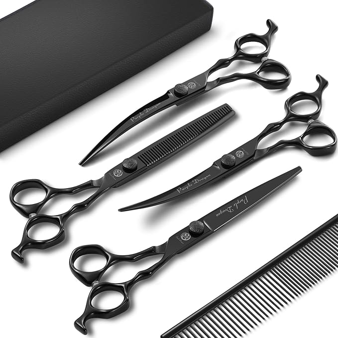 Purple Dragon Dog Grooming Scissors Set - Thinning, Straight, Up & Down Curved Scissors and Comb, 7 Inch Black Shears with Adjustable Screw for Dogs and Cats