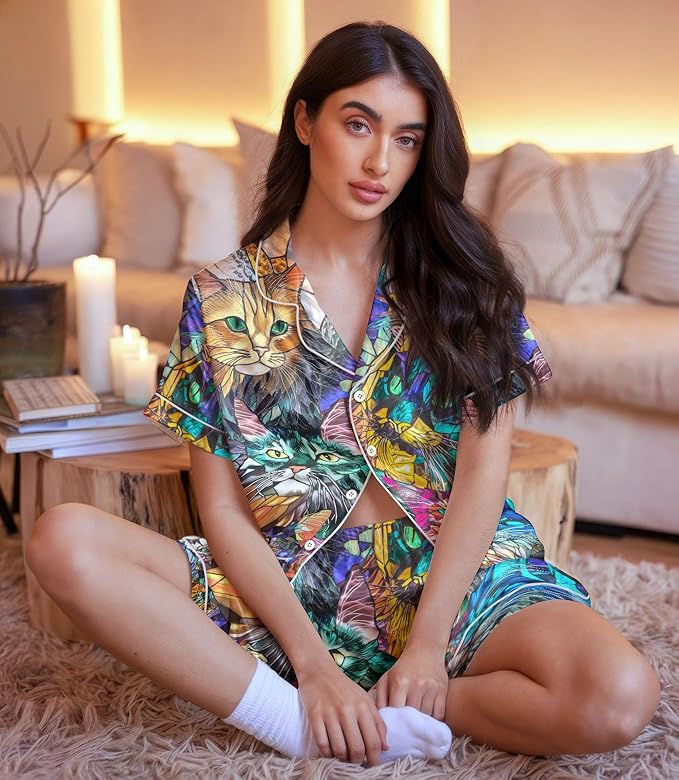 Women’s Silk Satin Pajama Set, Short Sleeve Button Down 2 Piece PJs with Shorts, Cozy Loungewear & Matching Holiday Pajamas