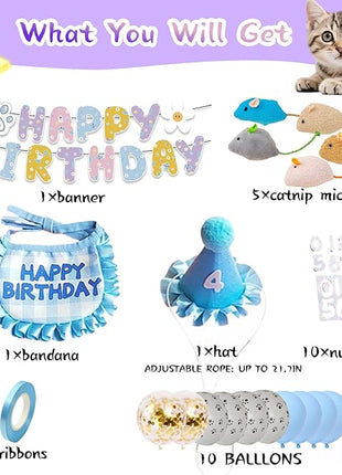 Cat Birthday Supplies,Outfit Bandana,Party Hat with Number,Catnip Mice Toy,Decoration Bundle with Banner,Ballons,Gift Set for Boy&Girl Kitten-Blue