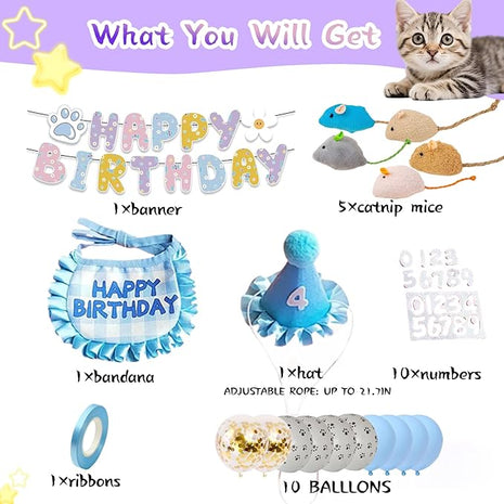 Cat Birthday Supplies,Outfit Bandana,Party Hat with Number,Catnip Mice Toy,Decoration Bundle with Banner,Ballons,Gift Set for Boy&Girl Kitten-Blue