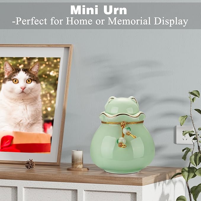 SOITIS Engraving Customized Pet Memorial Urn for Cat or Dog Ashes - 3.54"x3.15" Elegant Ceramic Keepsake Holder with Cat-Shaped Lid & Gold Trim, Small Cyan Urn for Pet Ashes