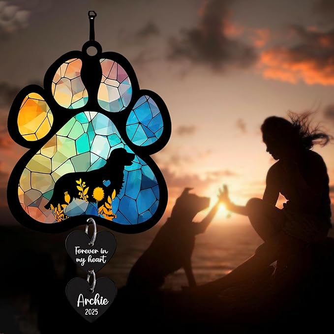 LOVELYPOD Personalized Dog Memorial Suncatcher, Custom Pet Memorial Gifts for Loss of Dog, SunCatcher Gift for Someone Who Lost A Pet, Stained Glass Acrylic Sympathy, Hanging Garden Decor with Paw