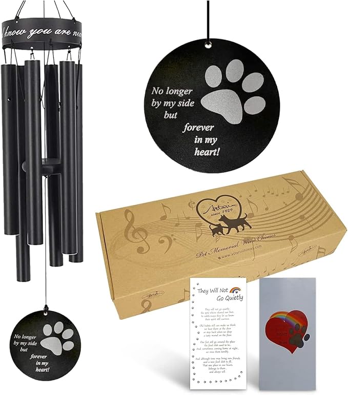Pet Memorial Wind Chime, 30 Inches Paw Print Pet Remembrance Gift to Honor and Remember a Dog, Cat, or Other Pet, Premium Metal Wind Chime, Black
