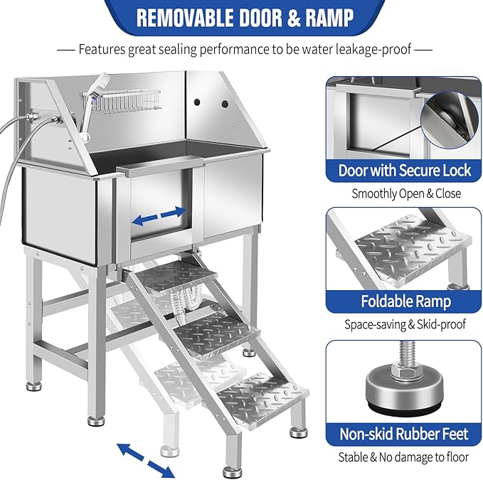 Professional Stainless Steel Dog Grooming Tub W/Soap Box, Faucet,Rich Accessory, Bathtub For Multiple Pets, Washing Sink For Home