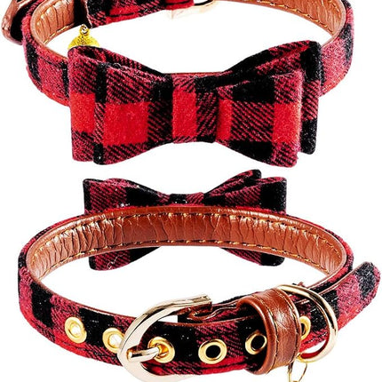 EXPAWLORER Dog Collar and Leash Set - Classic Plaid Dog Bow Tie and Dog Bandana Collar with Bell, Dog Leash Tangle Free, Adjustable Collars for Small Medium Large Dogs Cats, Holiday Ideal Gift