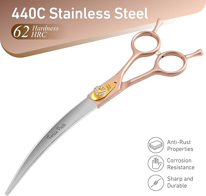 Fenice Peak 45° Extra Curved Dog Grooming Scissors 440C Stainless Steel 7.5'' Big Arc Curved Shears Rose Gold Sharp and Durable Trimming Scissors for Dogs and Cats