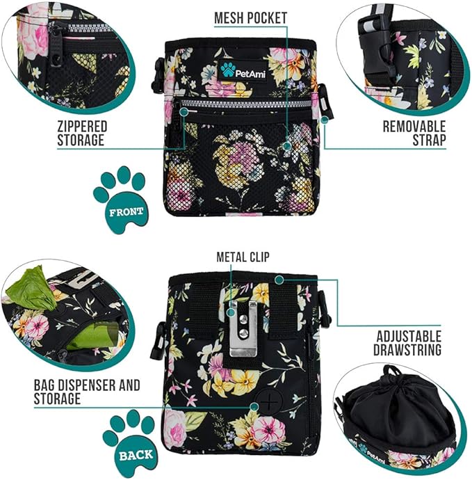 PetAmi Dog Treat Pouch, Pet Treat Pouch for Training, Dog Walking Bag Holder for Kibbles, Pet Food Toy, Dog Trainer Essentials Supplies, Poop Bag Dispenser, 3 Ways to Wear (Floral Black)