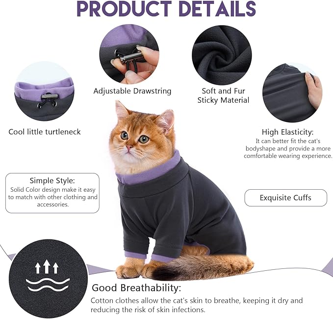 Sticky Cat Clothes Stretchy, Sphynx Hairless Sweater & Pajamas for Cats only, Soft Cat Onesie for Cats After Surgery Female Male & Hair Loss Prevention, Black M