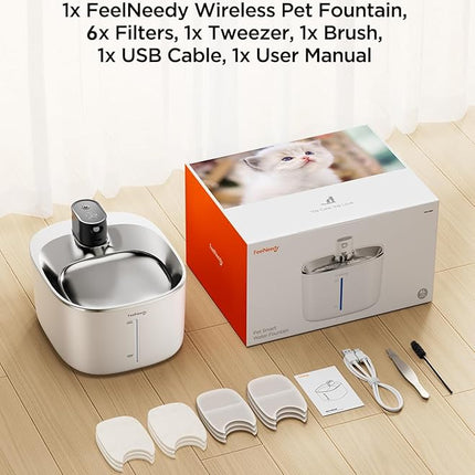 Cordless Cat Water Fountain Battery Operated, FEELNEEDY 4L/135 fl oz Pet Water Fountain for Cats and Dog with Motion Sensor, Ultra Quiet Cat Drinking Fountain with 6 Filters (YPD-C004P), White
