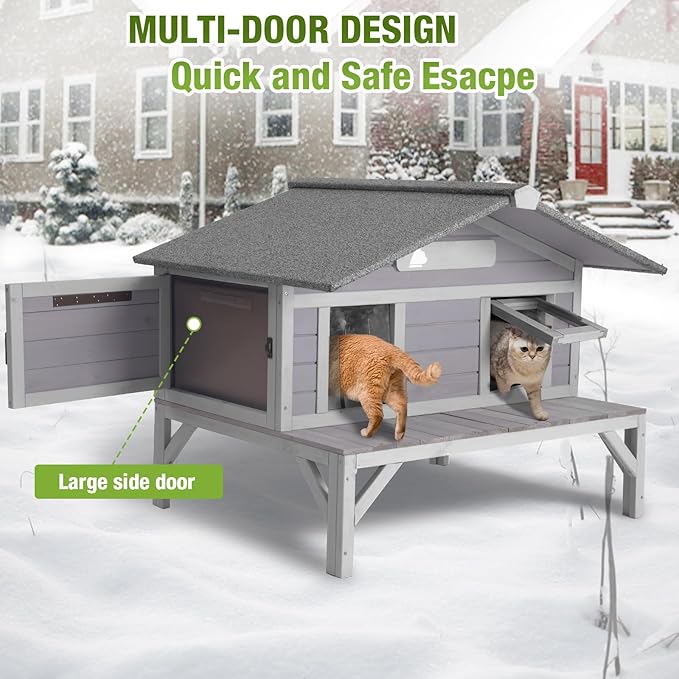 GUTINNEEN Heated Outdoor Cat House Weatherproof Large Cat Shelter with 100% Insulated Liner for Multiple Cats, Cat Houses for Indoor Cats（Grey）