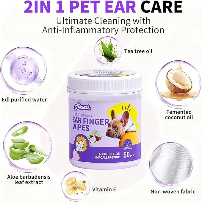 MIOSSZI Pet Finger Wipes for Dogs & Cats - Dog Ear Cleaner for Itch Relief Remove Wax & Odor, Dog Ear Cleaning Finger Wipes-Pet Ear Finger Wipes 50ct