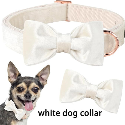 ARING PET Bowtie Dog Collar-Velvet Dog Collars with Detachable Bowtie, White Wedding Soft Dog Collar,X-Large.