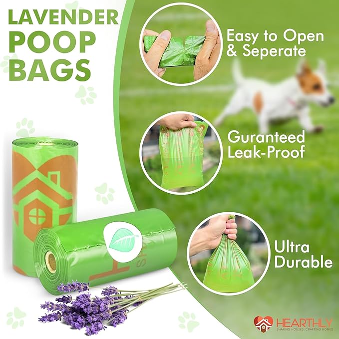Dog Poop Bags Rolls 360 Count Pack of 24 | Leak Proof and Extra Thick Dog Poop Bag Refill with Dispenser and Leash Clip| Cat litter Bags | Lavender Scented | Green (13 x 9 Inches)