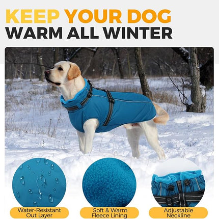 Lelepet Dog Coat with Harness Built in, Waterproof Dog Jacket for Large Dogs Reflective Windproof Winter Jacket with Zip Warm Cold Weather Coats for Dogs,Cozy Pet Snowsuit, Great Dane, Blue, XXXL
