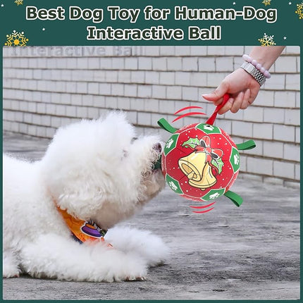 QDAN Christmas Dog Balls with Straps, Squeaky Dog Toys for Indoor Outdoor Playing, Puppy Birthday Gifts, Pet Toy Ball, Durable Herding Balls for Dogs (8 Inch)