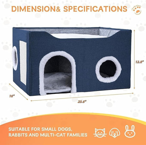 Cat House for Indoor Cats – Foldable Cat Cave & Covered Cat Bed, Cozy Hideaway for Small Pets and Large Cats (23.6"x16"x12.8"),Navy Blue