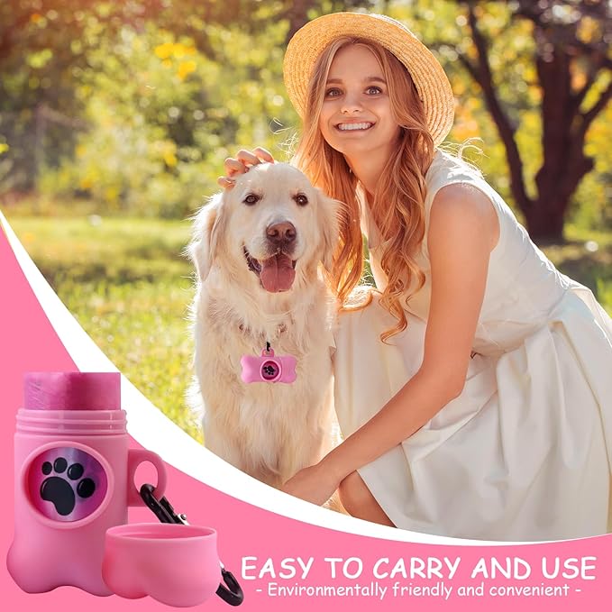 Dog Poop Bags Dispenser with Carabiner Clip, Doggy Poop Bag Holders for Leashes Include 1 Roll (15 Bags) Leak-Proof Large Lavender Scented Doggie Pet Waste Bags, Dog Accessories Girl, Pink