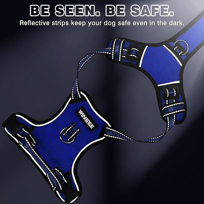 WINSEE Dog Harness No Pull, Pet Harnesses with Dog Collar, Adjustable Reflective Oxford Outdoor Vest, Front/Back Leash Clips for Small, Medium, Large, Extra Large Dogs, Easy Control Handle for Walking