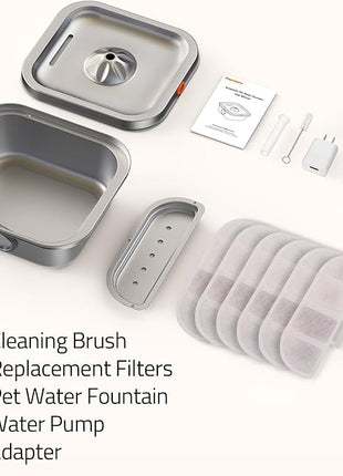 Cat Water Fountain Stainless Steel, 4L/135oz Cat Fountain, Automatic Dog Drinking Dispenser with Water Level Window, 6 Filters, Metal Pet Water Bowl Indoor, Quiet Pump, Easy Cleaning