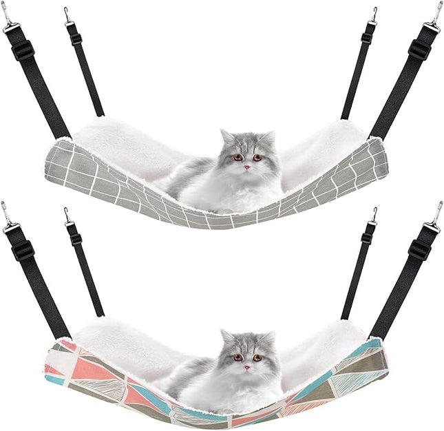 Jetec 2 Pieces Reversible Cat Hanging Hammock Soft Breathable Pet Cage Hammock with Adjustable Straps and Metal Hooks Double Sided Hanging Bed for Small Dogs Rabbits(Geometry Pattern,L)