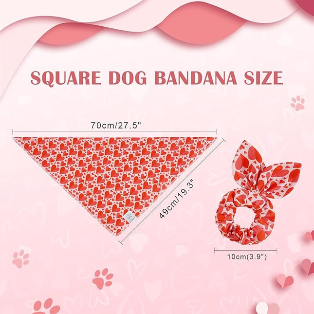 E-Clover Valentines Heart Dog Bandanas & Matching Scrunchie Set Cute Girl Dog Scarf Bibs Pet Bandana with Bow Tie for Medium Large Dogs Owner Mom Red Pink