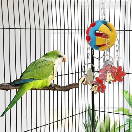 Hypeety Pet Parrot Toy Plastic Colorful Birds Ball with 1 Bell for Budgie African Grey Cockatoo Cockatiel Sun Conures 1 Ball with Plastic Flowers