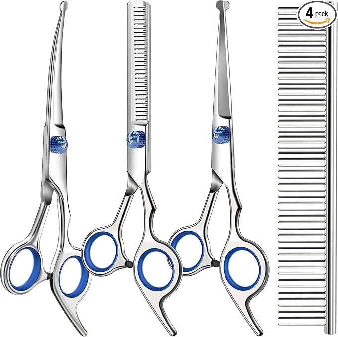 Professional 4 in 1 Dog & Cat Grooming Scissors Kit with Safety Round Tips,Sharp & Durable,Dog Shears for Grooming - Includes Straight, Curved, Thinning Scissors and Comb - Premium Pet Supplies