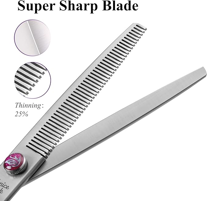 Fenice Peak 7'' Dog Grooming Scissors Set 4PCS Straight Curved Thinning Chunker Shears with Purple Finger Rings and Flashing Screw 440C Stainless Steel Natural Color Trimming Shears Durable and Sharp