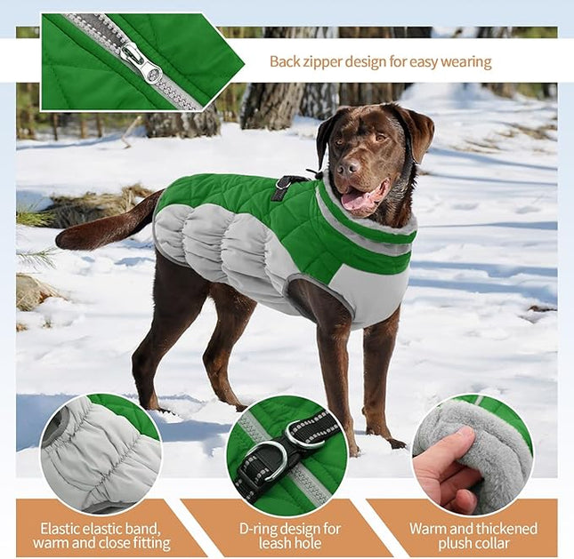 Large Dog Coat, XXLarge Dog Winter Coat, Waterproof Pet Jacket with Back Zipper,Extra Large Pet Coats, Warm Fleece Jacket with D-Ring, Windproof Winter Clothes Golden Retriever,Green,XXL
