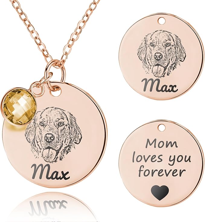 Personalized Pet Portrait Necklace Customized Pet Memorial Necklaces Dog Necklace for Women Custom Pets Necklaces Dog Memorial Jewelry for Cat Mom Dogs Dad (Rose Gold 1 Portrait)